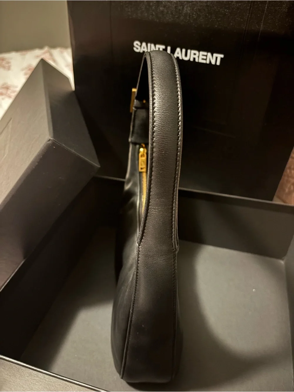 Saint Laurent Black Leather Hobo Bag with Gold YSL Emblem